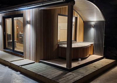 Bespoke glamping pod with bath on decking hand-made by Malvern Hills Cabins & Glamping Structures